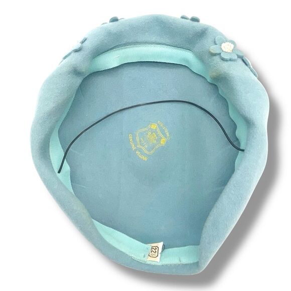Vintage 1950s BB Ruth Velour Beret Hat Slate Blue Floral Applique Pearl Studded - Picture 13 of 16